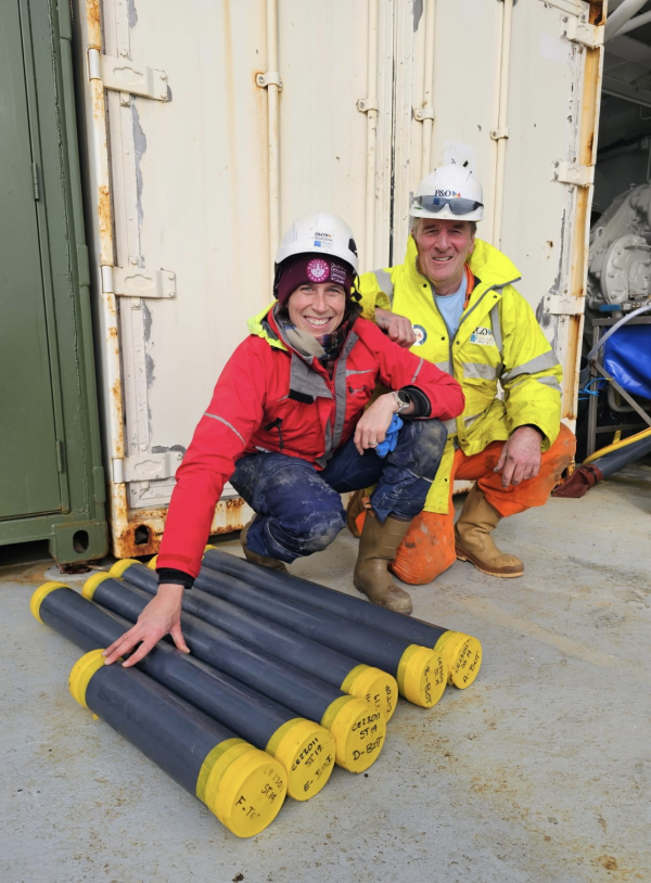 Dr Audrey Morley (Chief Scientist) and Ken O'Neill (Bosun) after collecting a 5.55m gravity core from the subpolar North Atlantic (credit Alan Burns)