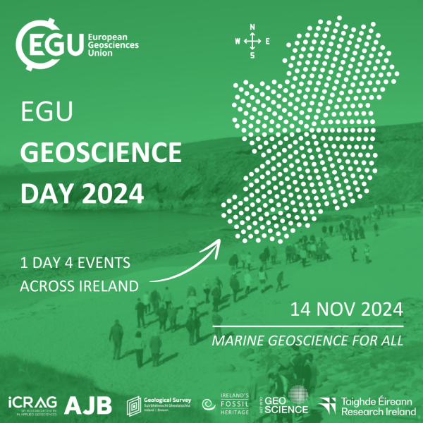 A flyer showing European Geoscience Day information and a graphic map of the island of Ireland